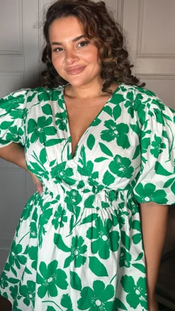 CurveWow Puff Sleeve V Neck Dress Green Floral