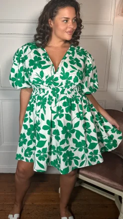 CurveWow Puff Sleeve V Neck Dress Green Floral