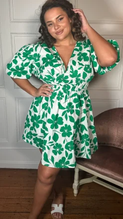 CurveWow Puff Sleeve V Neck Dress Green Floral