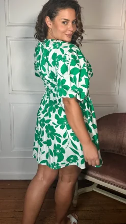 CurveWow Puff Sleeve V Neck Dress Green Floral