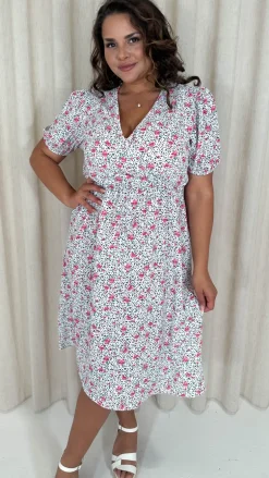 CurveWow Puff Sleeve Wrap Midi Dress Pink Floral Spot