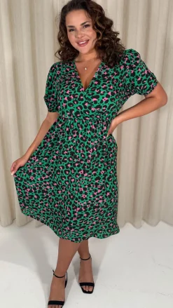 CurveWow Puff Sleeve Wrap Midi Dress Green Animal