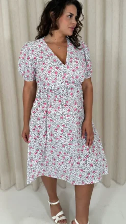 CurveWow Puff Sleeve Wrap Midi Dress Pink Floral Spot