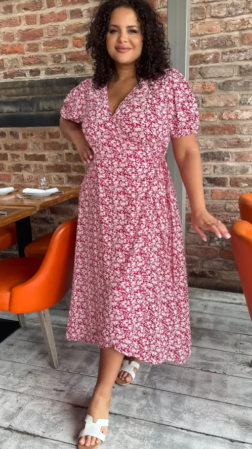 CurveWow Puff Sleeve Wrap Dress Red Ivory Ditsy