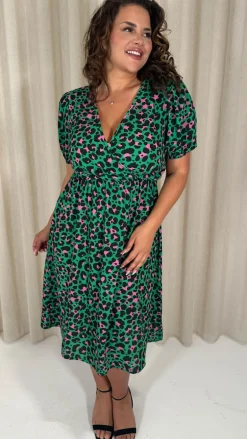 CurveWow Puff Sleeve Wrap Midi Dress Green Animal