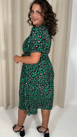CurveWow Puff Sleeve Wrap Midi Dress Green Animal