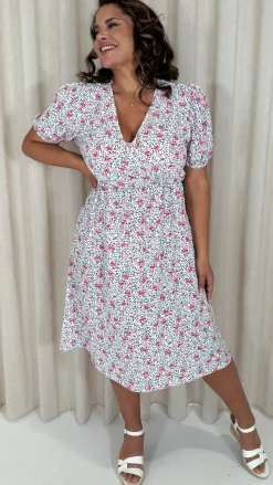 CurveWow Puff Sleeve Wrap Midi Dress Pink Floral Spot