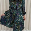 CurveWow Pussybow Smock Dress Green Animal