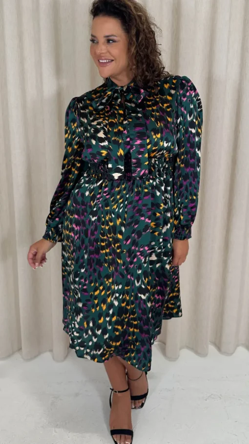 CurveWow Pussybow Smock Dress Green Animal