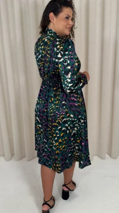 CurveWow Pussybow Smock Dress Green Animal