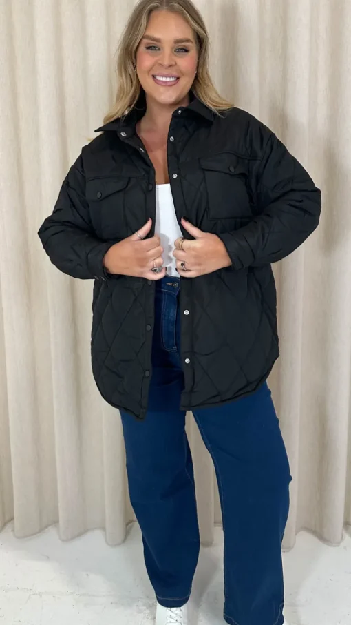 CurveWow Quilted Popper Button Jacket Black