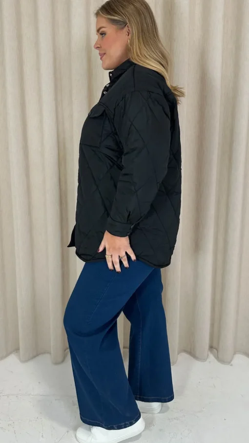 CurveWow Quilted Popper Button Jacket Black