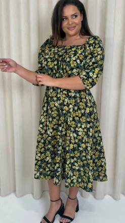 CurveWow Ruched Chest Midi Dress Black/Yellow Floral