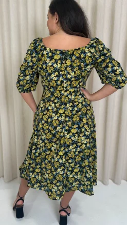 CurveWow Ruched Chest Midi Dress Black/Yellow Floral