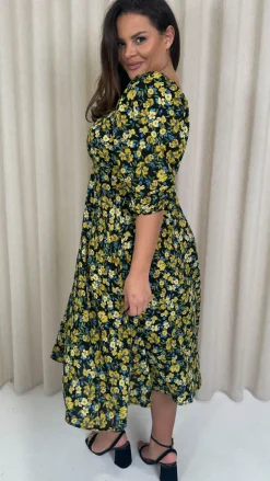 CurveWow Ruched Chest Midi Dress Black/Yellow Floral