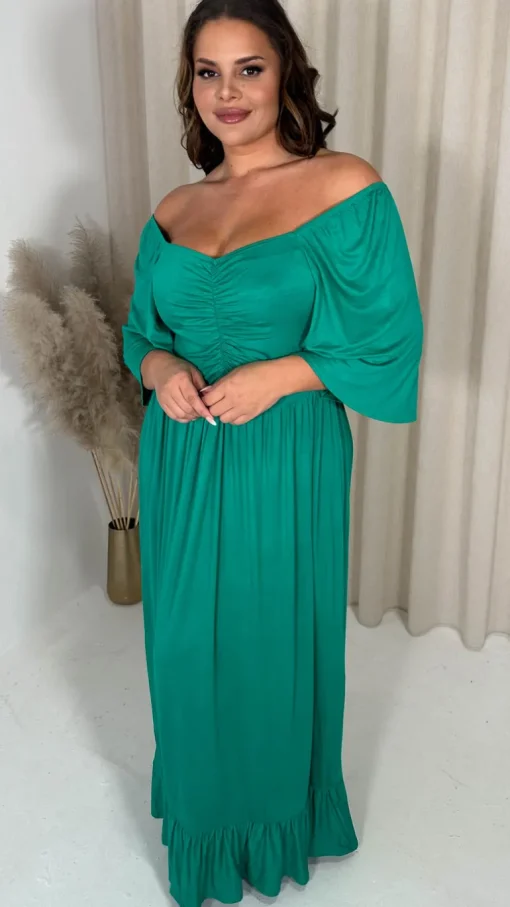CurveWow Ruched Front Angel Sleeve Maxi Dress Green
