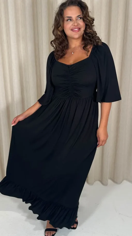 CurveWow Ruched Front Angel Sleeve Maxi Dress Black