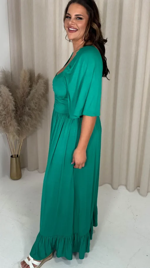 CurveWow Ruched Front Angel Sleeve Maxi Dress Green