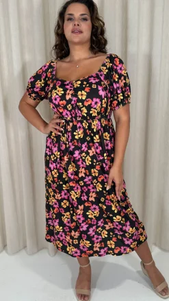 CurveWow Ruched Front Milk Maid Midi Dress Floral