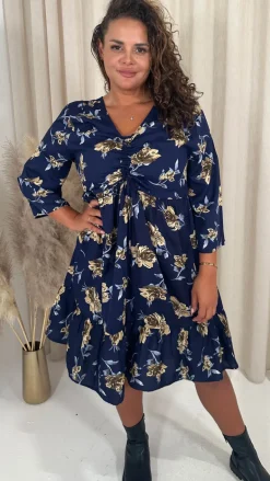 CurveWow Ruched Front Tiered Hem Dress Navy Floral