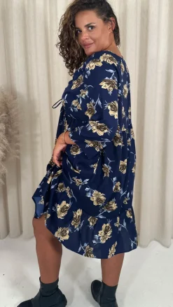 CurveWow Ruched Front Tiered Hem Dress Navy Floral