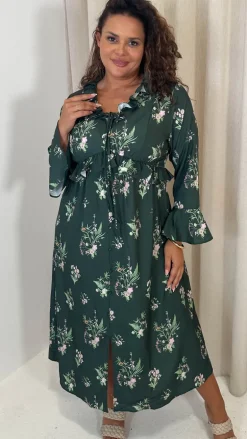 CurveWow Ruffle Button Front Flare Sleeve Midi Dress Green Floral