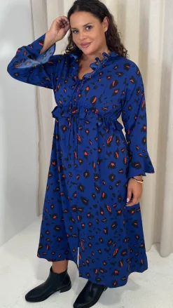 CurveWow Ruffle Button Front Flare Sleeve Midi Dress Blue Animal