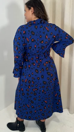 CurveWow Ruffle Button Front Flare Sleeve Midi Dress Blue Animal