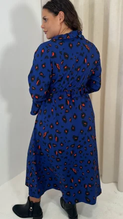 CurveWow Ruffle Button Front Flare Sleeve Midi Dress Blue Animal