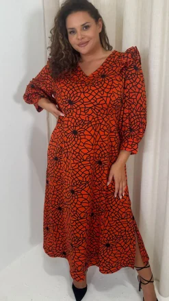 CurveWow Ruffle Shoulder V Neck Midi Dress Rust Grid