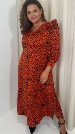 CurveWow Ruffle Shoulder V Neck Midi Dress Rust Grid