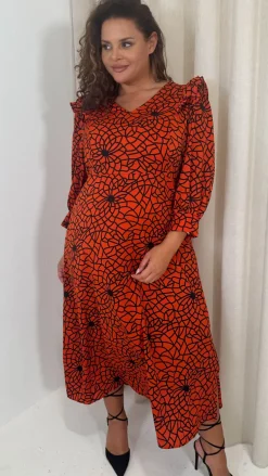 CurveWow Ruffle Shoulder V Neck Midi Dress Rust Grid