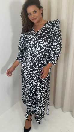 CurveWow Ruffle Shoulder V Neck Midi Dress Mono Smudge