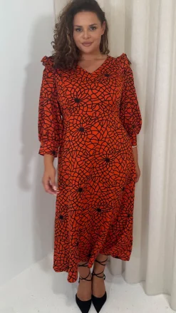 CurveWow Ruffle Shoulder V Neck Midi Dress Rust Grid