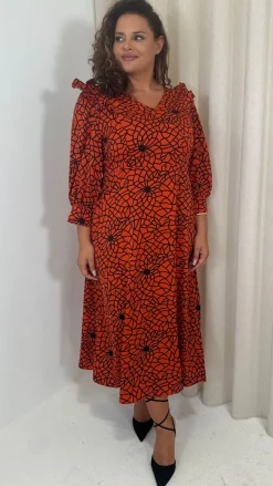 CurveWow Ruffle Shoulder V Neck Midi Dress Rust Grid