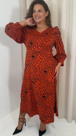 CurveWow Ruffle Shoulder V Neck Midi Dress Rust Grid