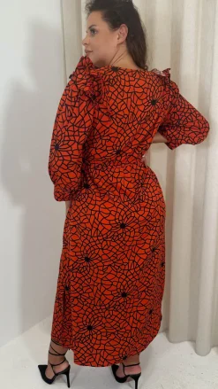 CurveWow Ruffle Shoulder V Neck Midi Dress Rust Grid