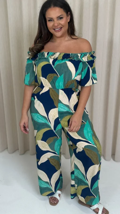 CurveWow Ruffle Wide Leg Jumpsuit Blue/Green Leaf