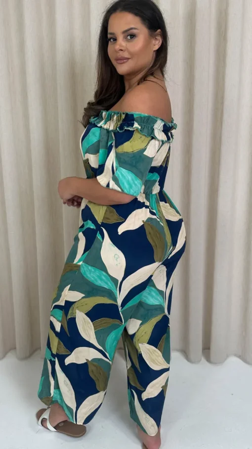 CurveWow Ruffle Wide Leg Jumpsuit Blue/Green Leaf