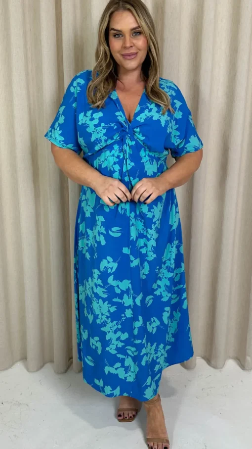 CurveWow Satin Knot Front Maxi Dress Blue Floral