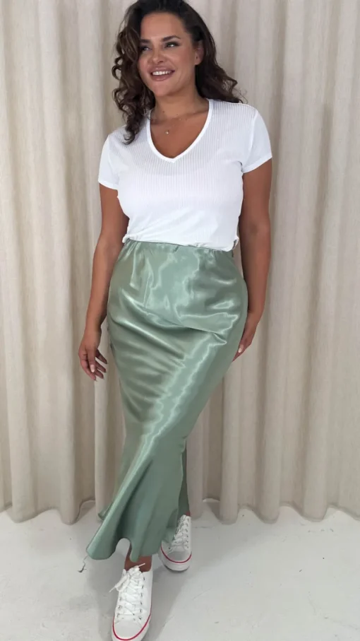 CurveWow Satin Midi Skirt Sage