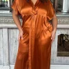 CurveWow Satin Twist Collared Dress Coffee