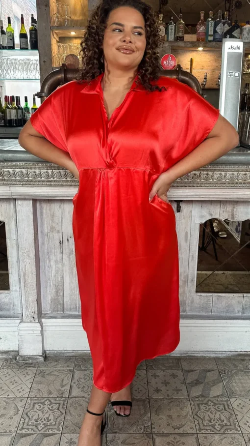 CurveWow Satin Twist Collared Dress Red