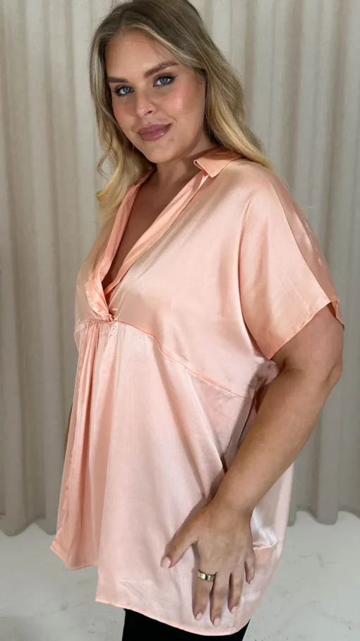 CurveWow Satin Twist Collared Top Champagne