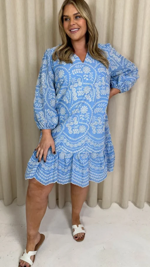 CurveWow Schiffli Frill Hem Dress Blue