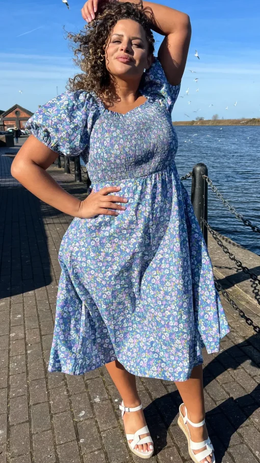 CurveWow Shirred Midi Dress Blue Multi Floral
