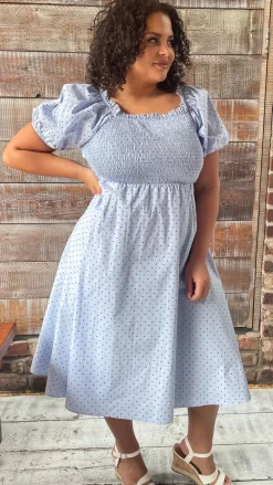 CurveWow Shirred Midi Dress Blue Polka Dot