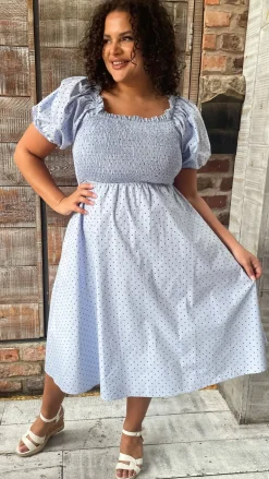 CurveWow Shirred Midi Dress Blue Polka Dot