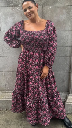 CurveWow Shirred Top Maxi Dress Red Floral