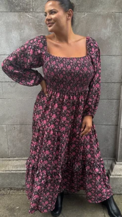 CurveWow Shirred Top Maxi Dress Red Floral